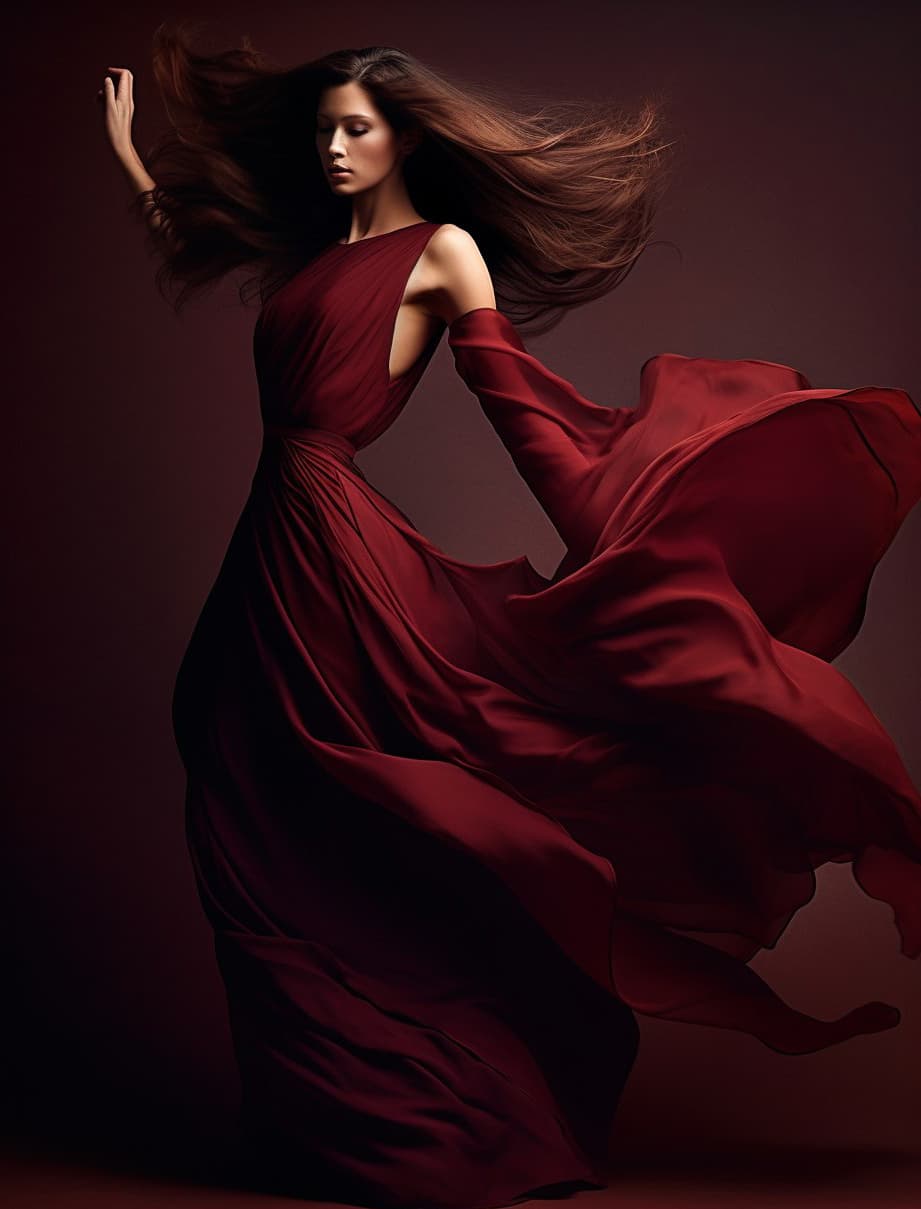 Midjourney prompt: beautiful red dress long hair and dance, in the st... - Midjourney