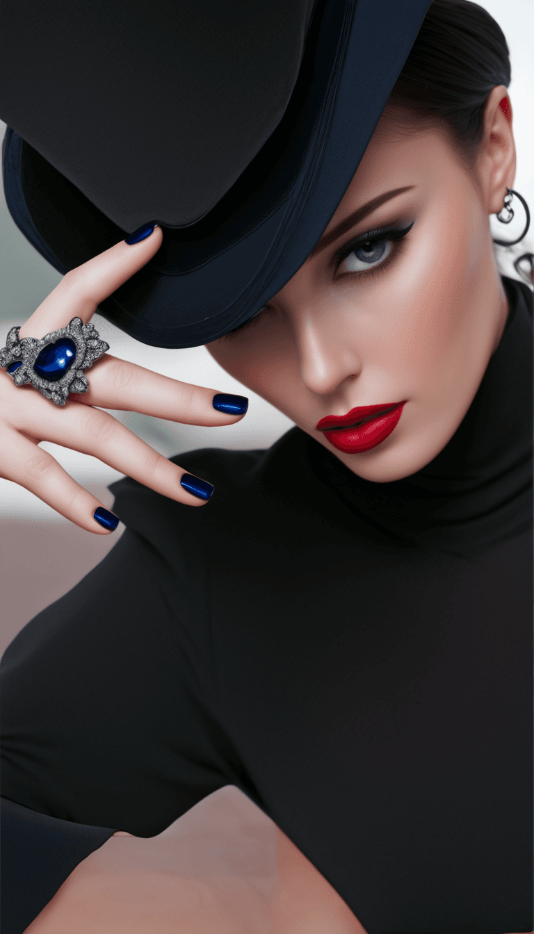 Stable Diffusion prompt: The image features a woman wearing a blue grey hat... - Stable Diffusion