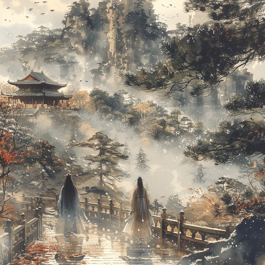 Midjourney prompt: Two women walking in a Chinese garden, wearing Han... - Midjourney