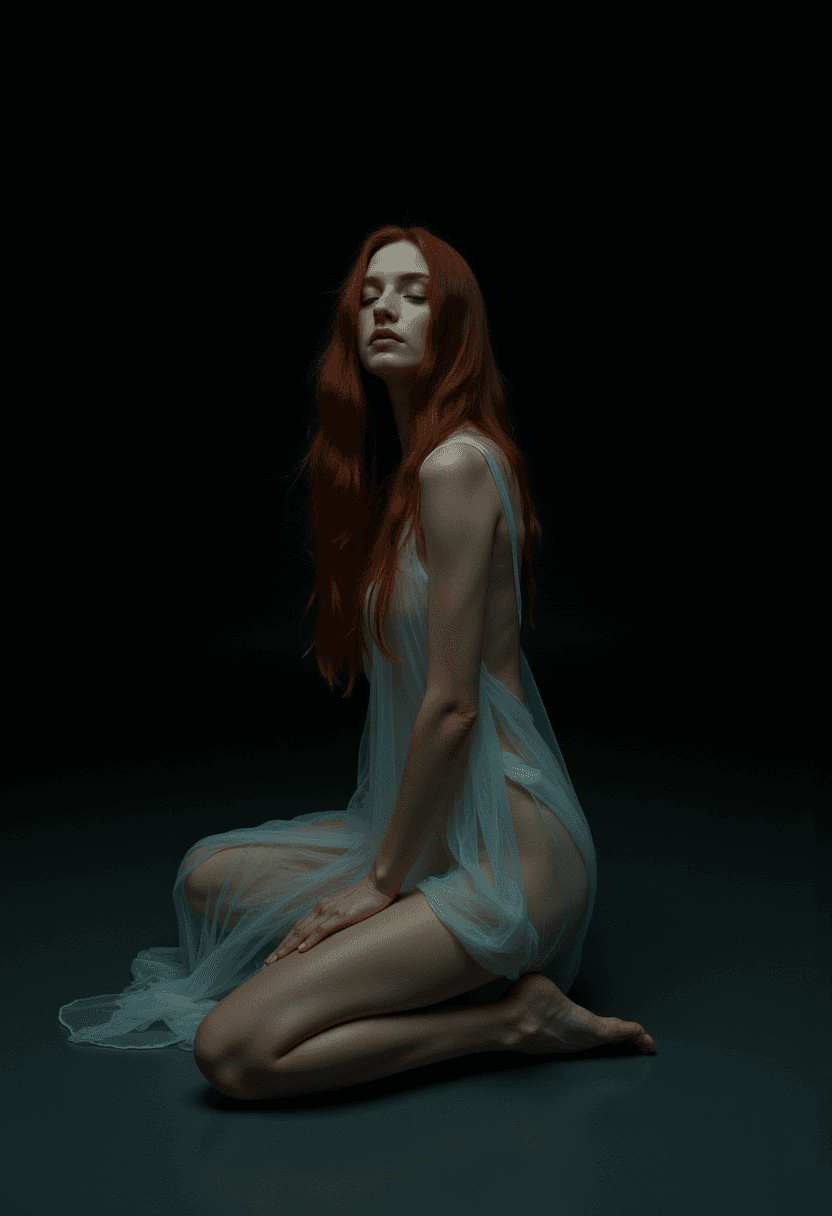 FLUX prompt: A young woman with pale, porcelain skin and long, ... - FLUX