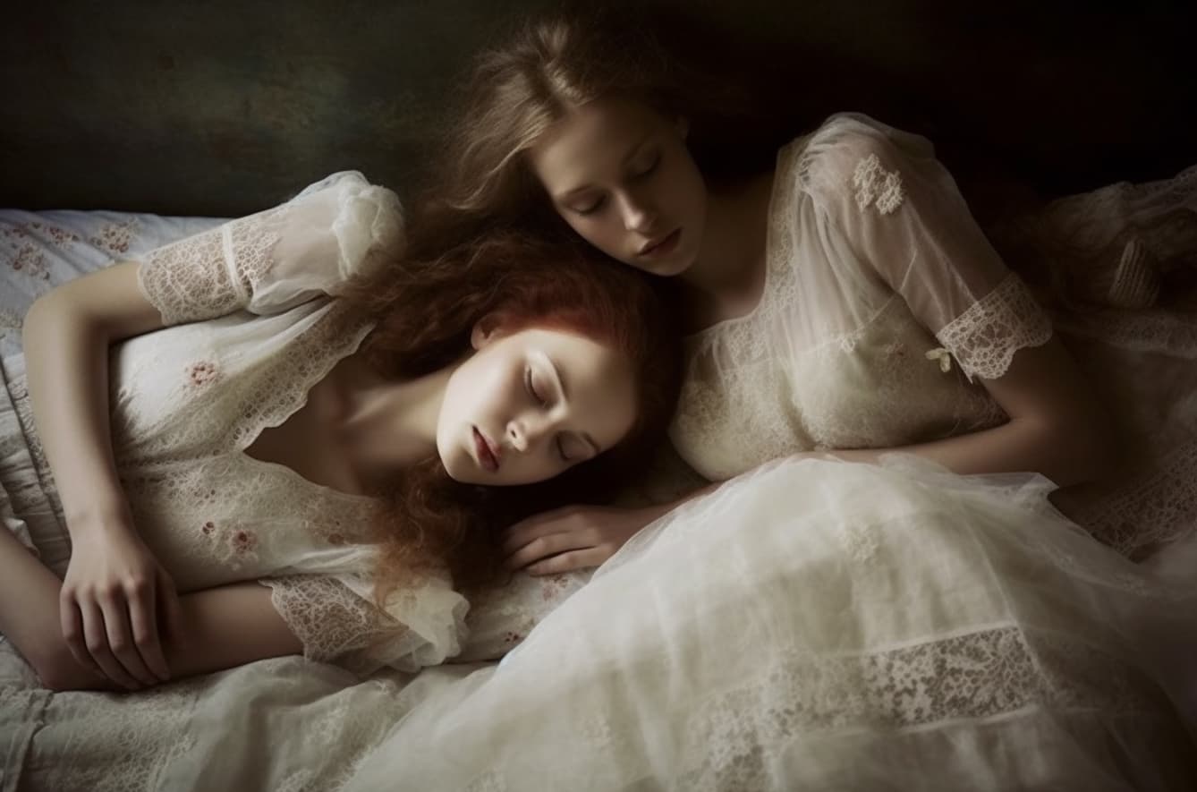 Midjourney prompt: a couple of women laying on top of a bed, style of... - Midjourney