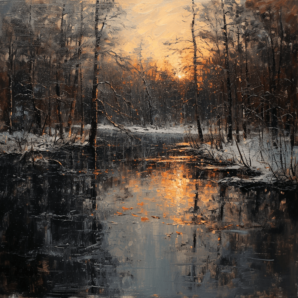 Midjourney prompt: Sunrises and sunsets Winter lake in Belarus,ugly, ... - Midjourney