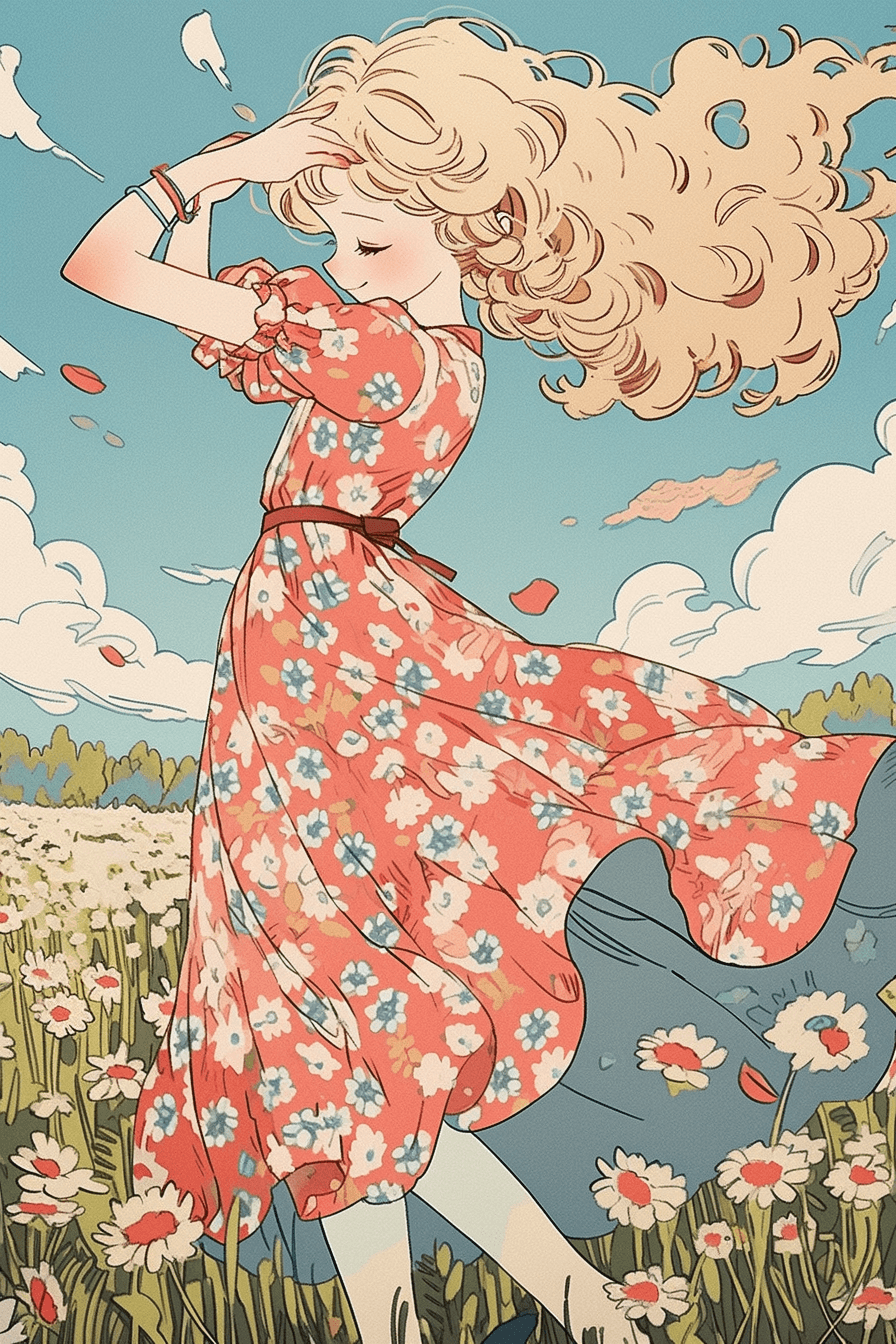 Midjourney prompt: a young girl with curly blonde hair and bright blu... - Midjourney