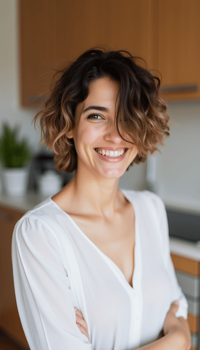 FLUX prompt: 25 year old fit woman, short brunette hair, curly ... - FLUX