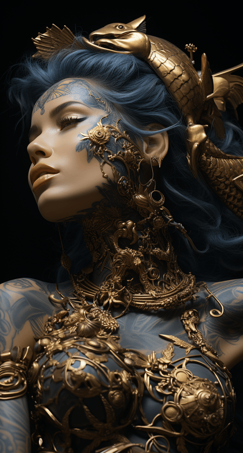 Midjourney prompt: a woman posing for a magazine in gold with elabora... - Midjourney