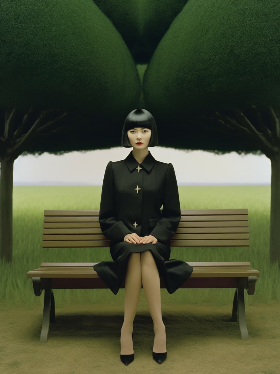 Midjourney prompt: a woman sitting on a bench , an album cover, inspi... - Midjourney