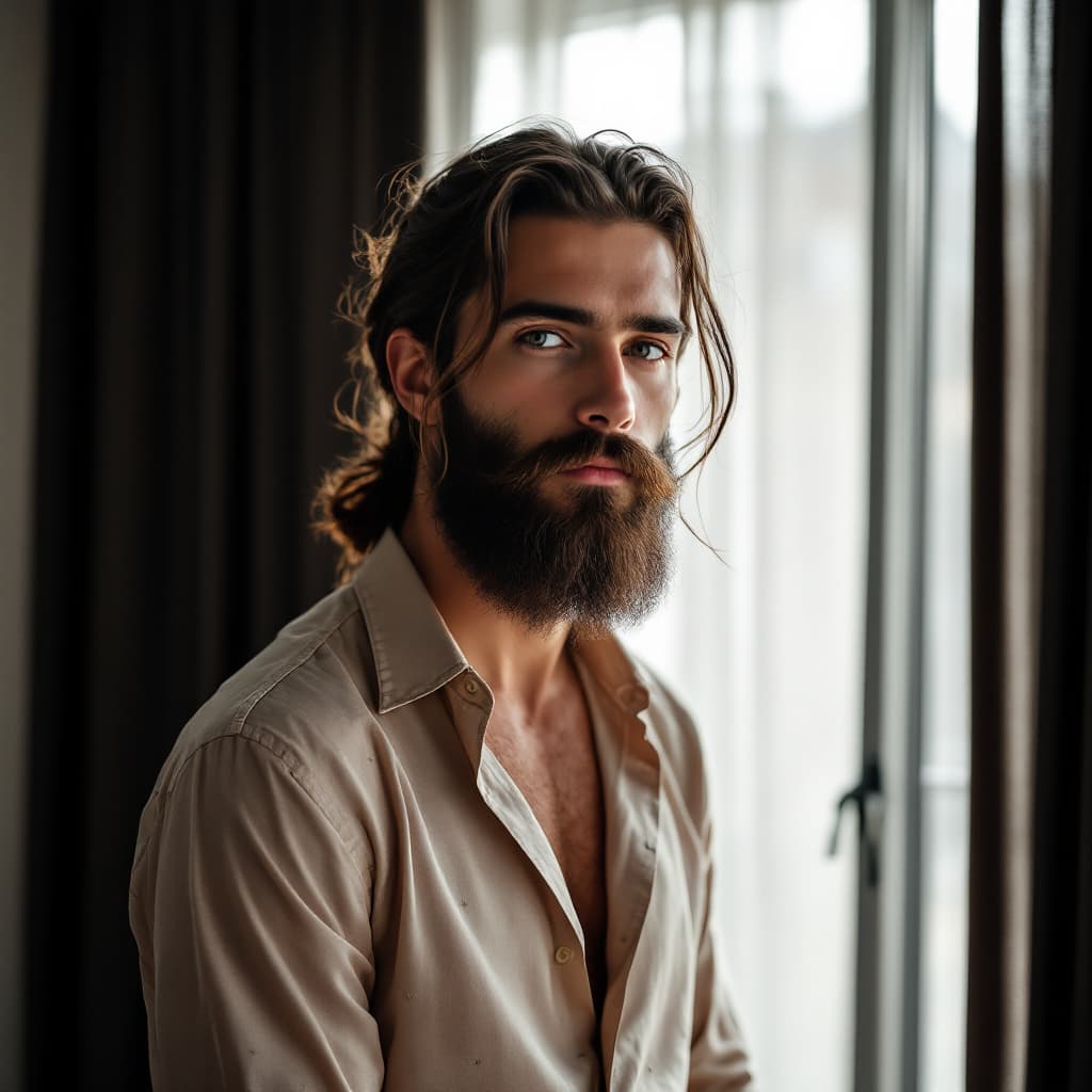 FLUX prompt: Portrait of young man with long beard (Western Eur... - FLUX