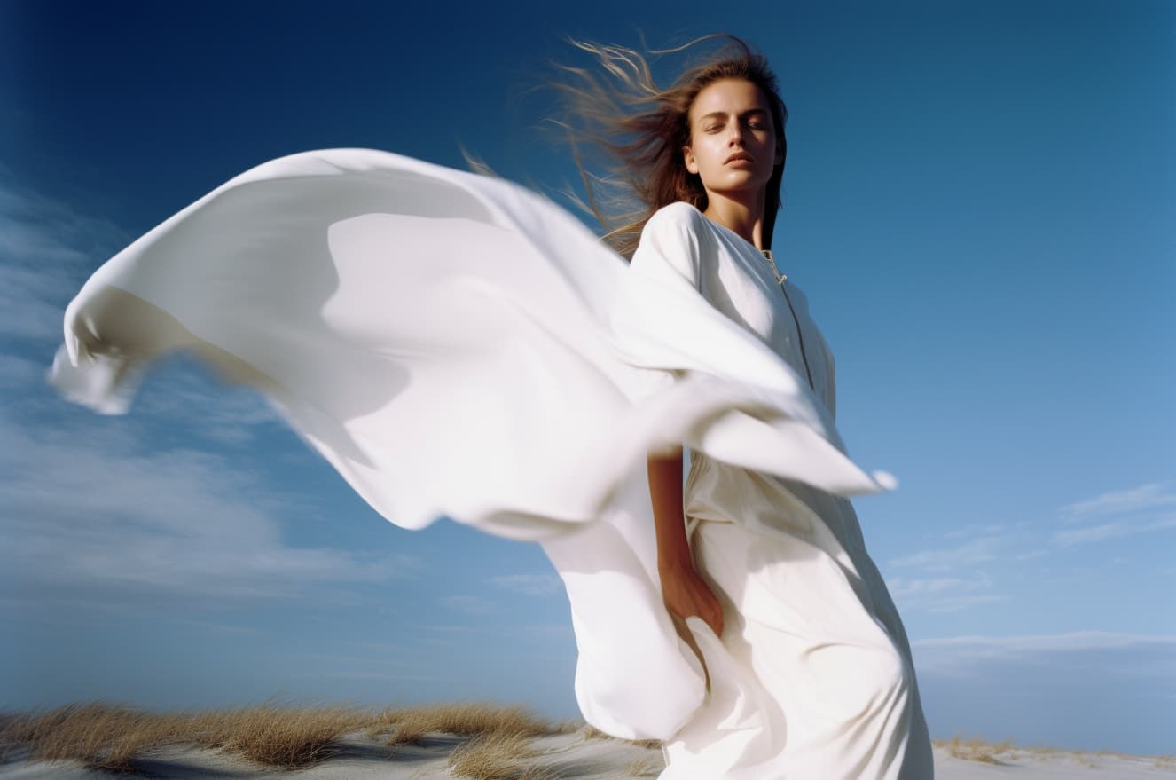 Midjourney prompt: slavic 18 years old model standing on top of a san... - Midjourney