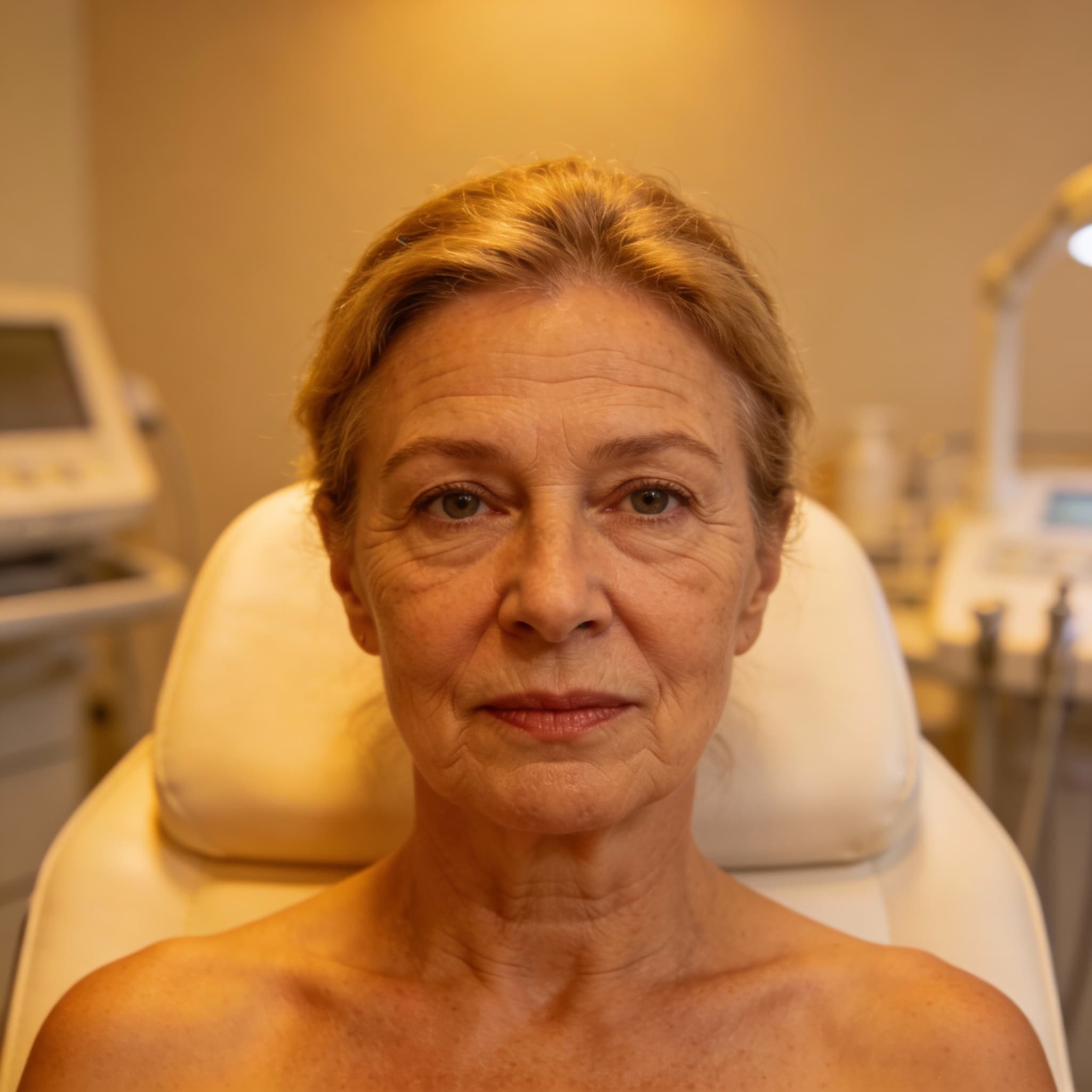 Seedream 4 prompt: a woman in her first 50's setting in dermatologis... - Seedream 4