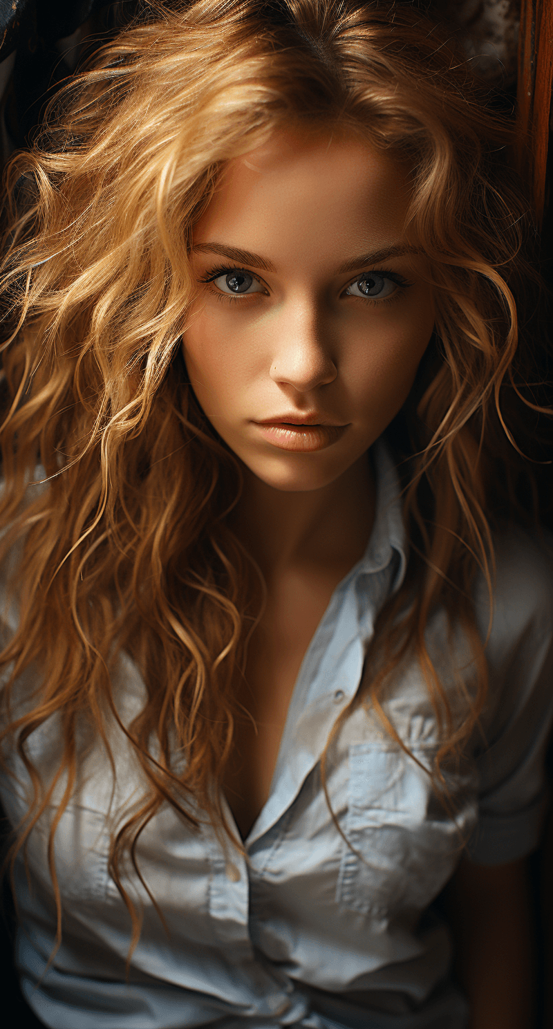 Midjourney prompt: Beautiful woman, top-down view, high camera angle,... - Midjourney