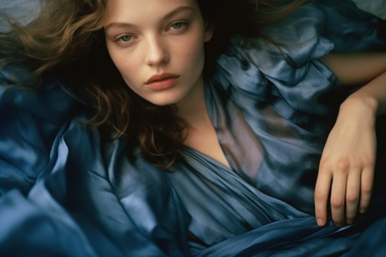 Midjourney prompt: a woman in a blue dress laying on the ground, a pi... - Midjourney
