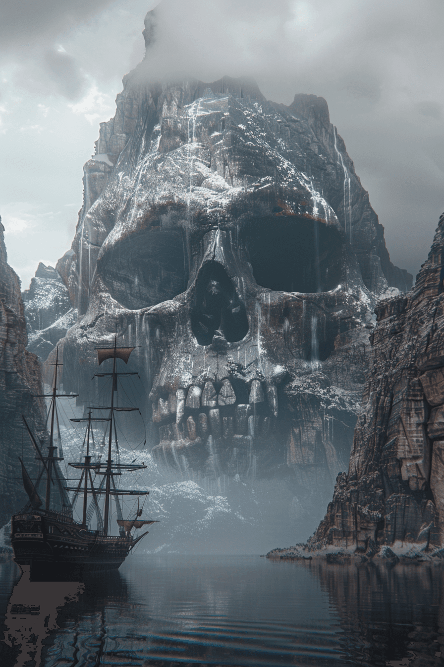 Midjourney prompt: a large skull and a ship on water, in the style of... - Midjourney