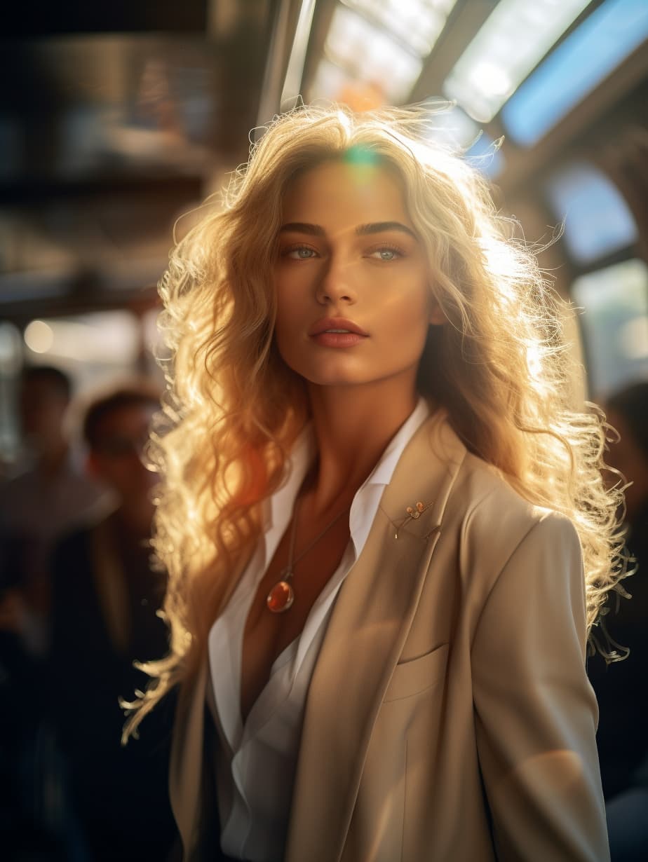Midjourney prompt: a model girl with long hair, dressed in a suit, is... - Midjourney