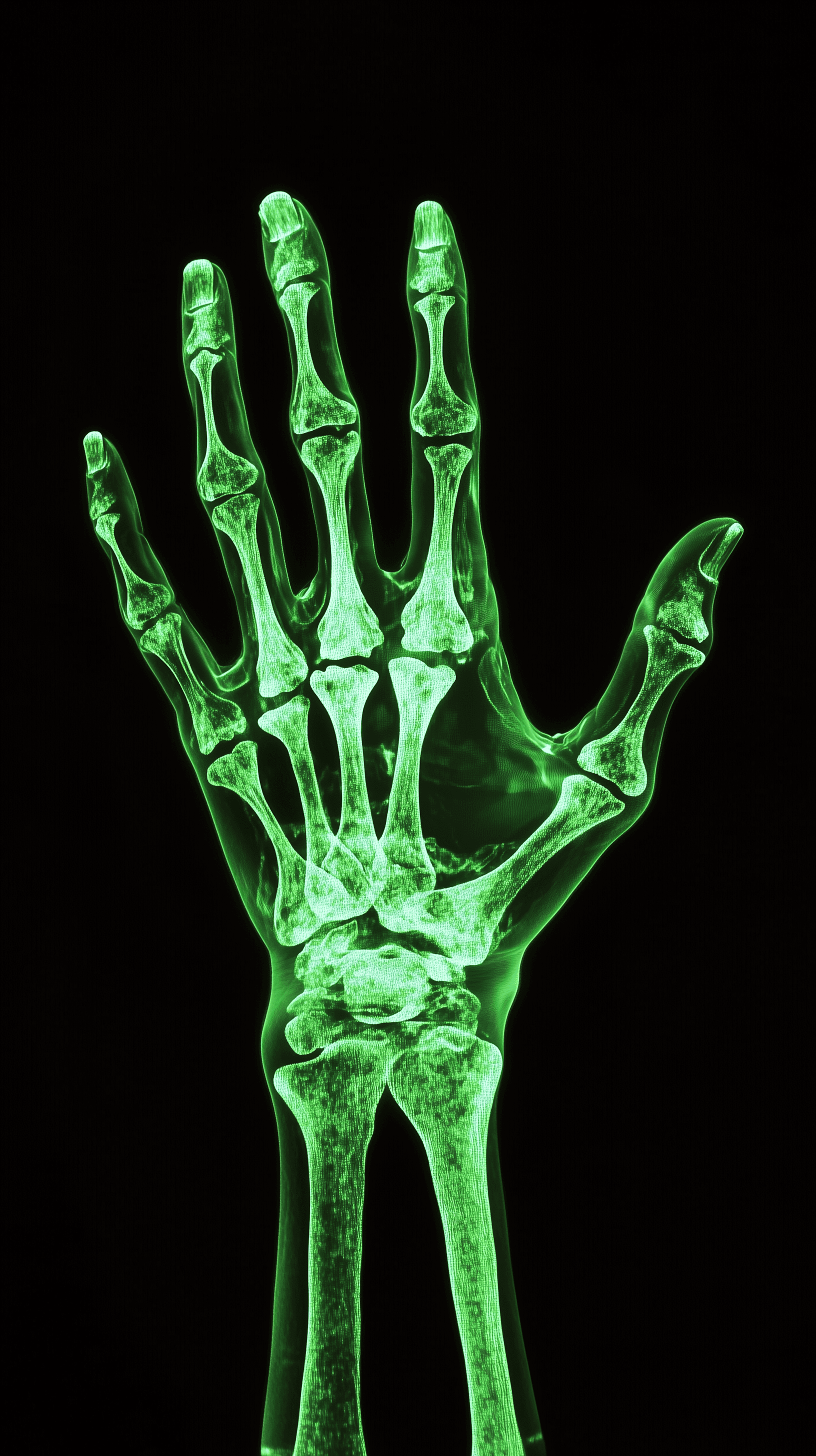 Midjourney prompt: neon green x-ray art, look down my hand, transpara... - Midjourney