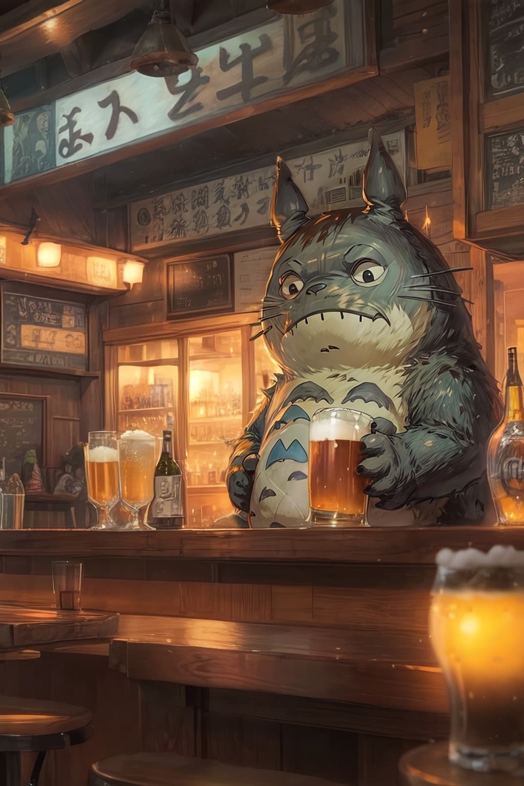 Stable Diffusion prompt: a drunk totoro with a beer at a bar, cinematic lig... - Stable Diffusion