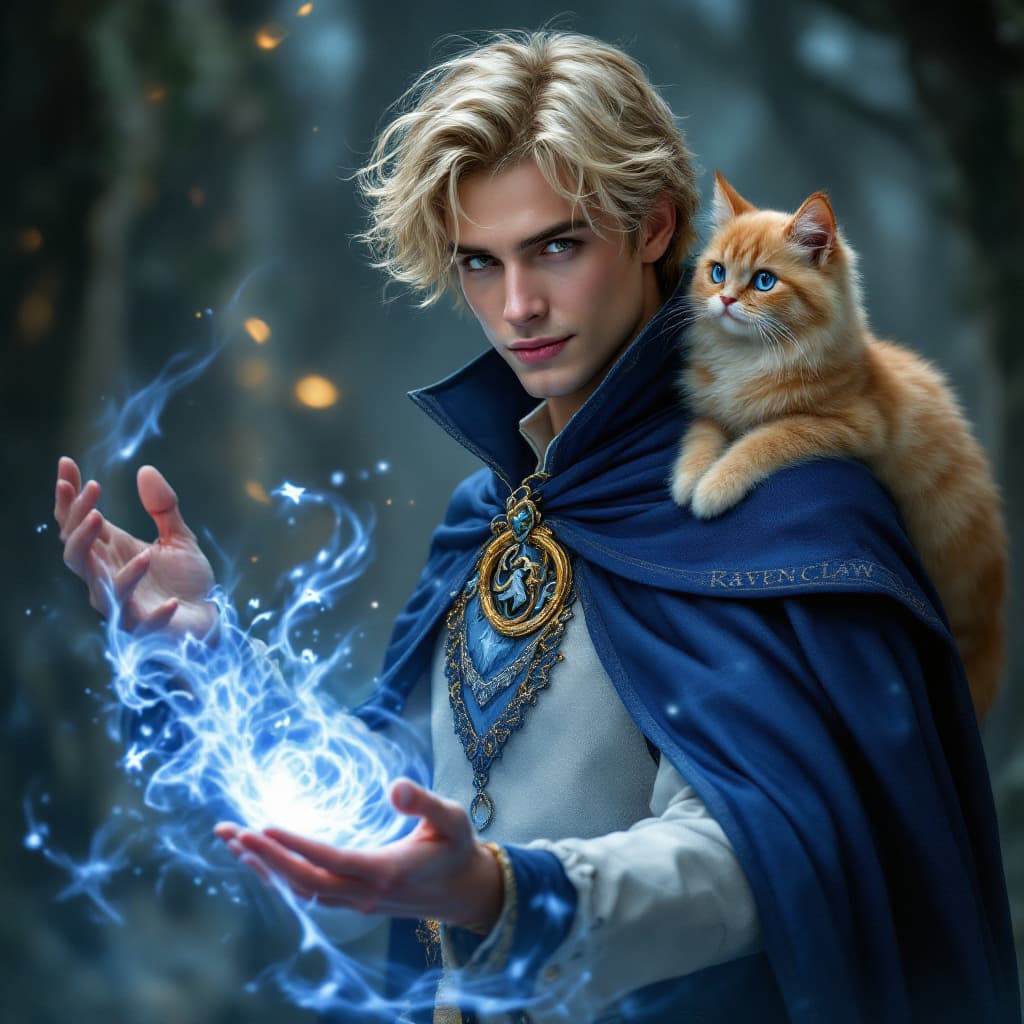 FLUX prompt: A stunning, slim male wizard with blond/brunette h... - FLUX