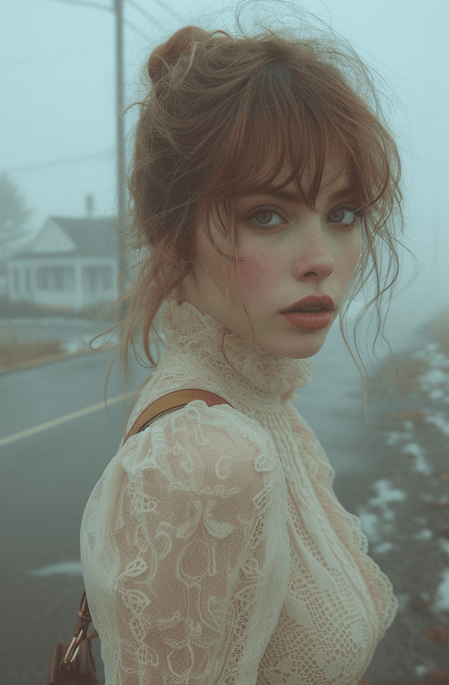 Midjourney prompt: girl standing on a foggy pavement while holding he... - Midjourney