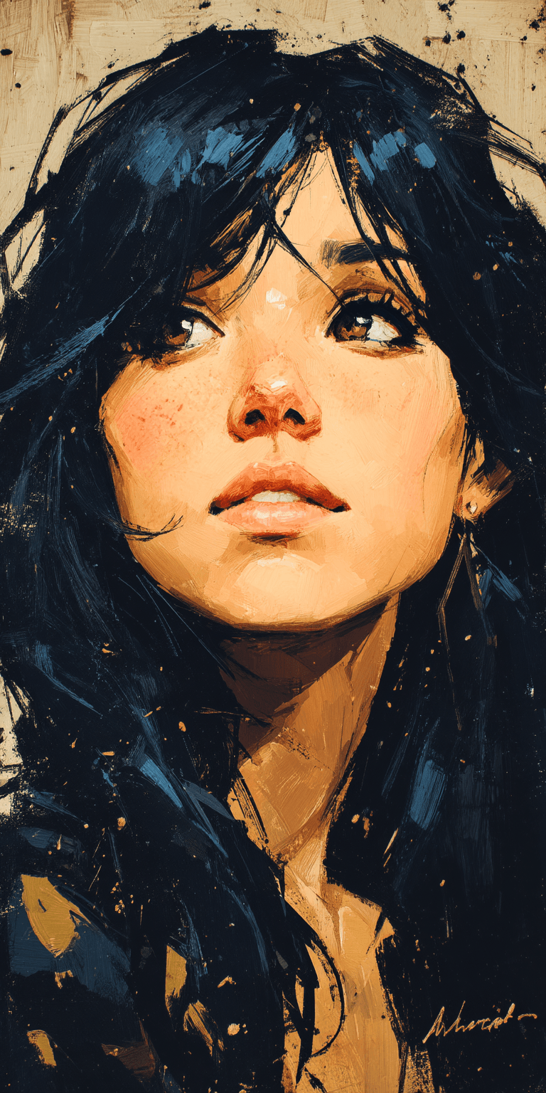 Midjourney prompt: a woman with long black hair in a gold painting, i... - Midjourney