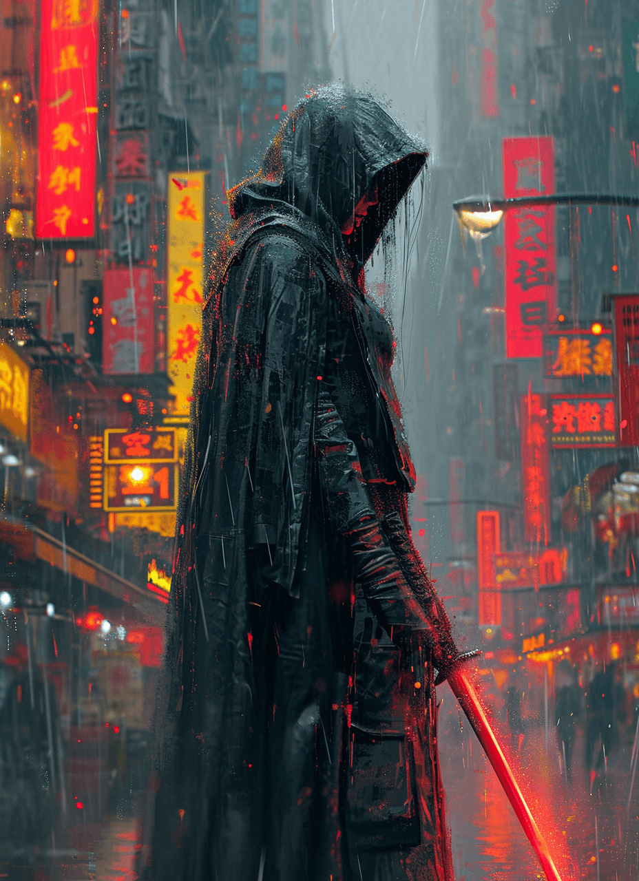 Midjourney prompt: a woman in a black cloak with a sword standing on ... - Midjourney