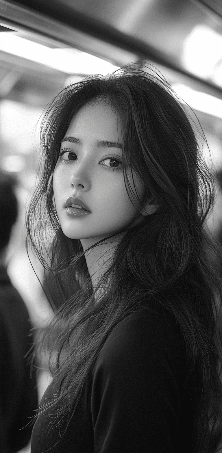 Midjourney prompt: A black and white photograph of an Asian woman wit... - Midjourney