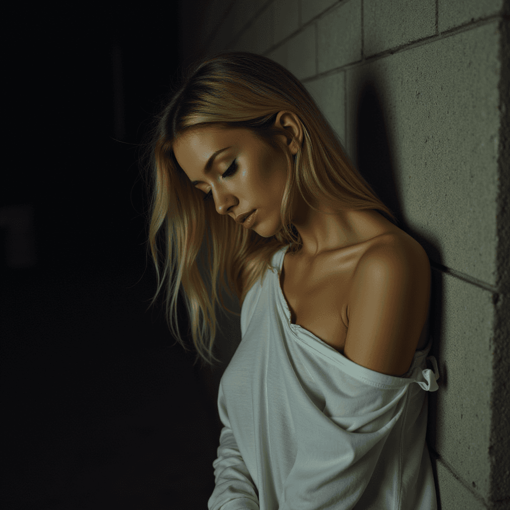 FLUX prompt: a woman, from the side, leaning up against a cemen... - FLUX