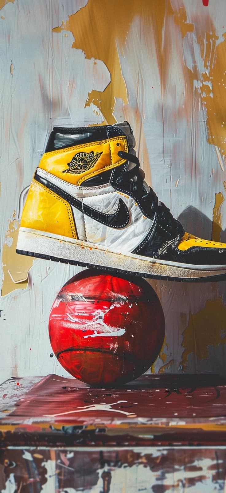 Midjourney prompt: Nike Air Jordan black and yellow stands on a red n... - Midjourney