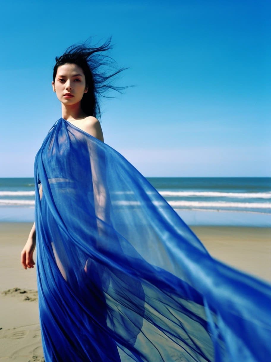 Midjourney prompt: a woman in a blue dress on the beach, in style of ... - Midjourney