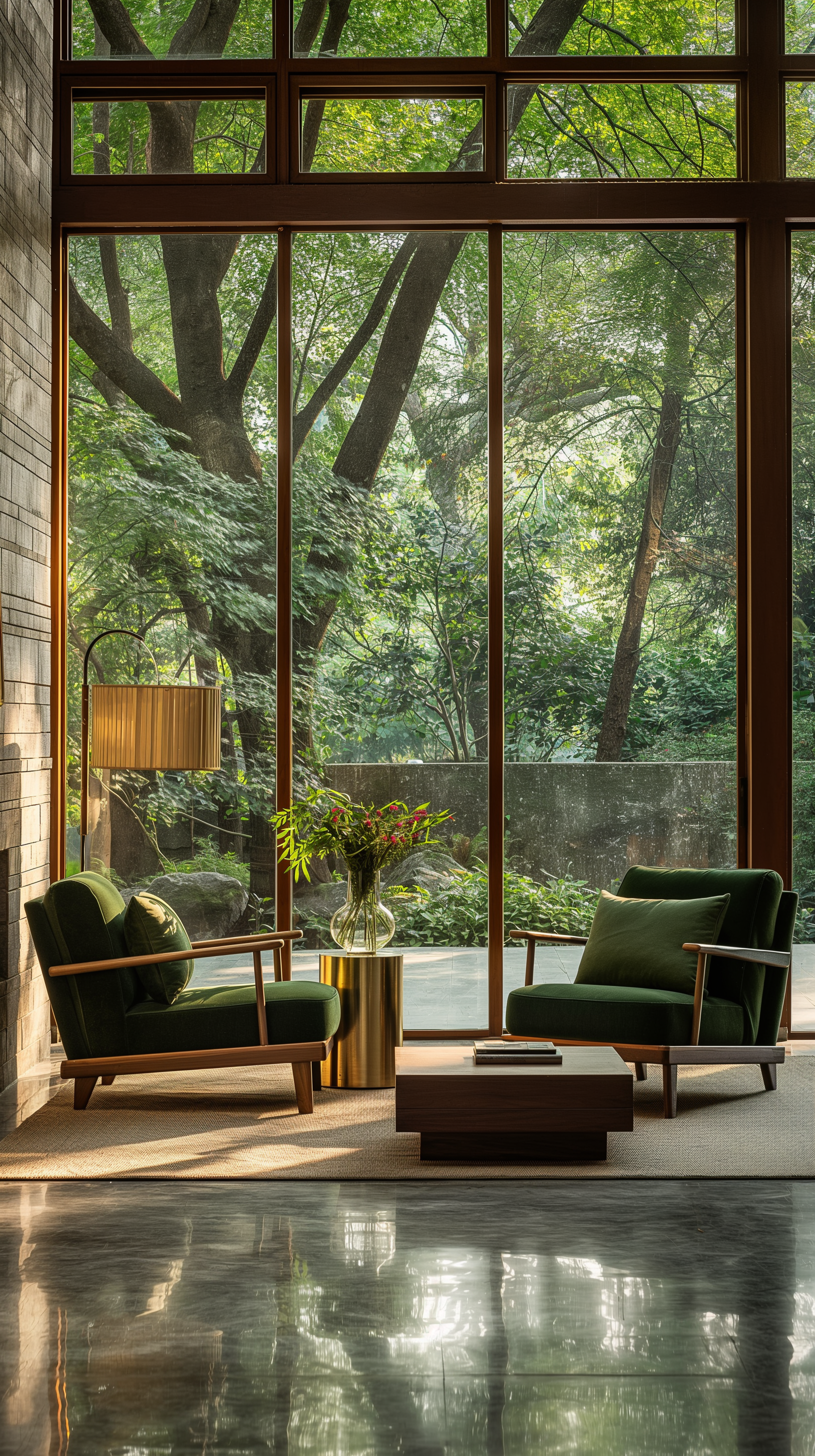 Midjourney prompt: living area framed by large floor-to-ceiling windo... - Midjourney