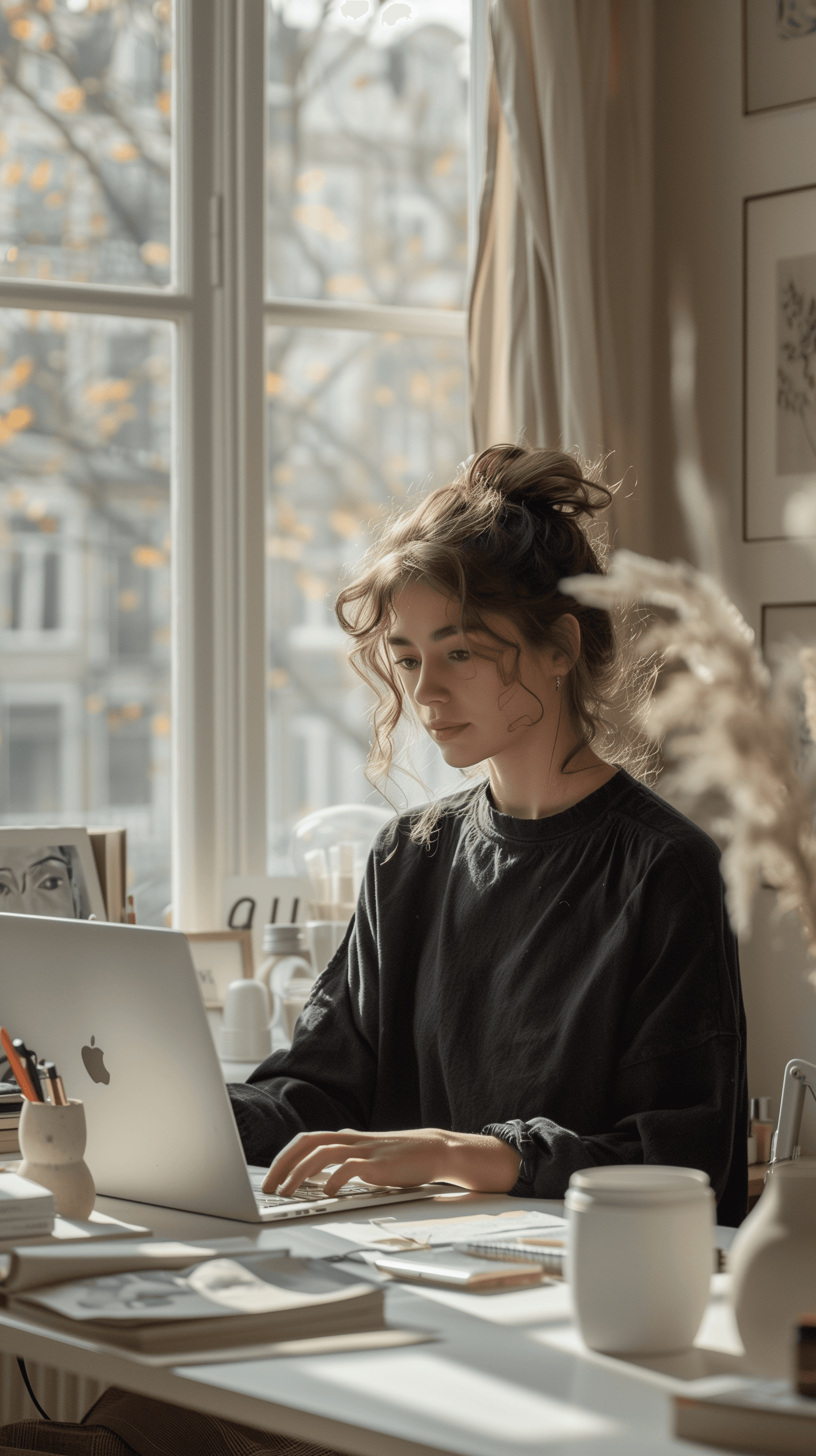 Midjourney prompt: minimalist workspace, focused designer woman at a ... - Midjourney