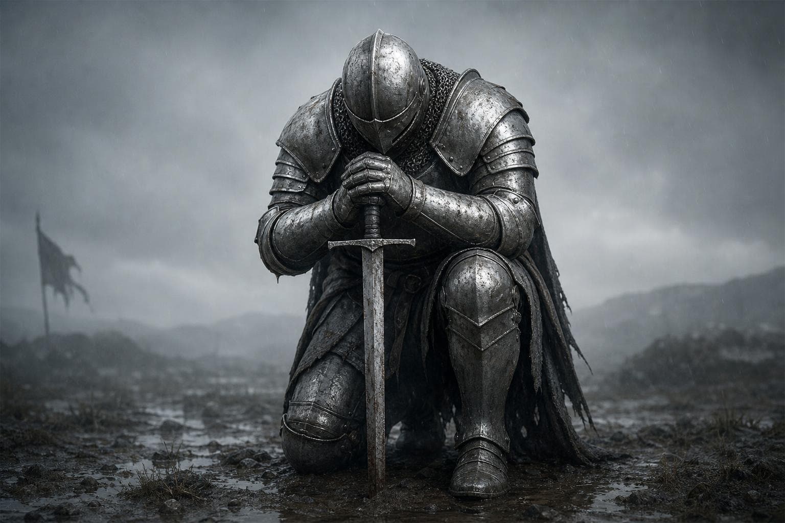 ChatGPT Image prompt: Create an image of a large and powerful knight kne... - ChatGPT Image