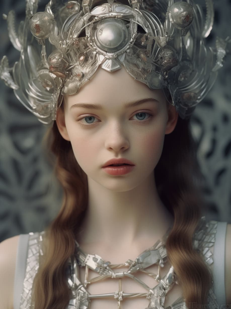 Midjourney prompt: a close up of a person wearing a silver dress, by ... - Midjourney