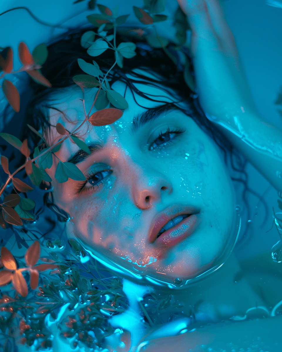 Midjourney prompt: a photograph of an woman laying in water, covered ... - Midjourney