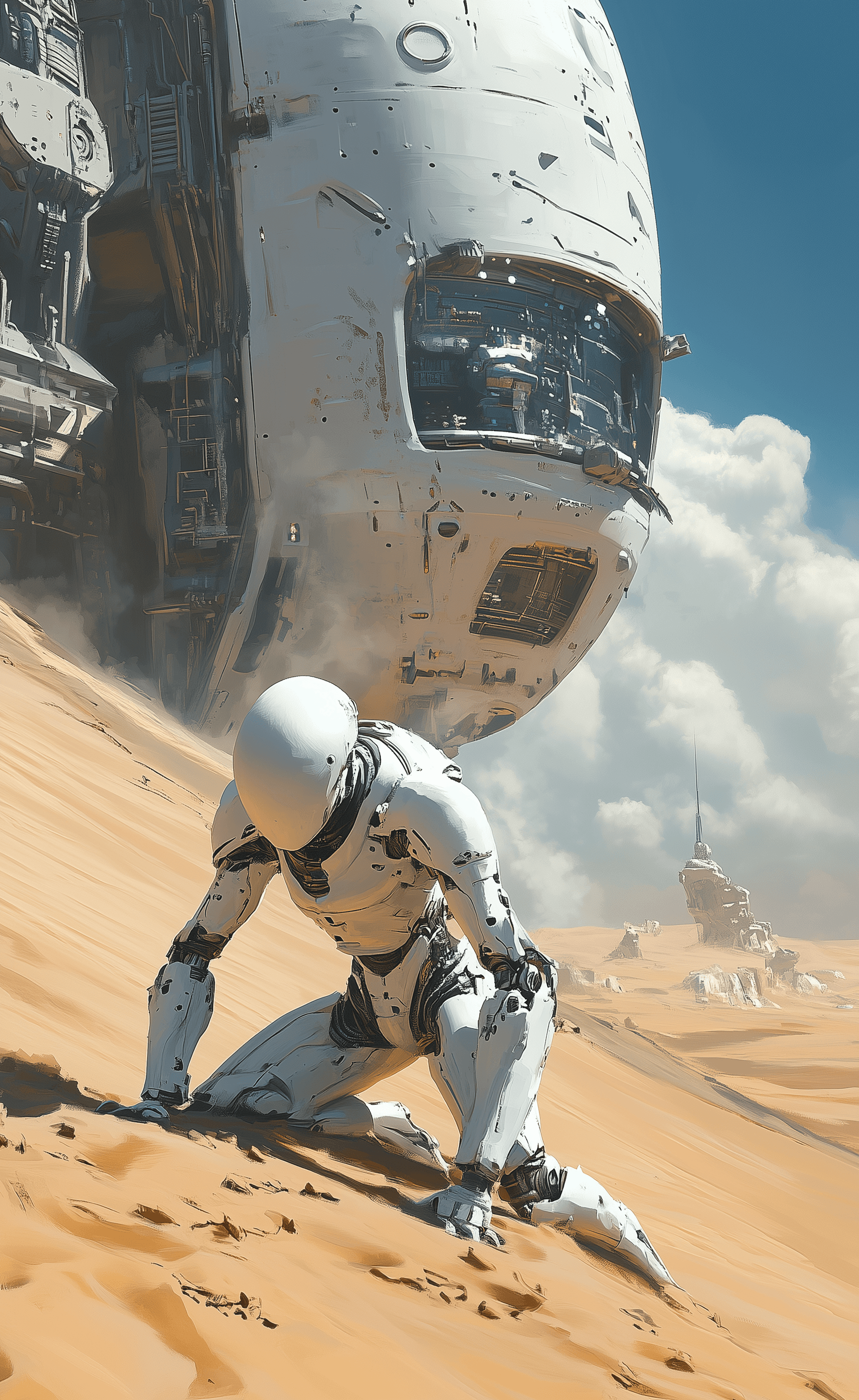 Midjourney prompt: A white humanoid robot with no face, crawling on t... - Midjourney