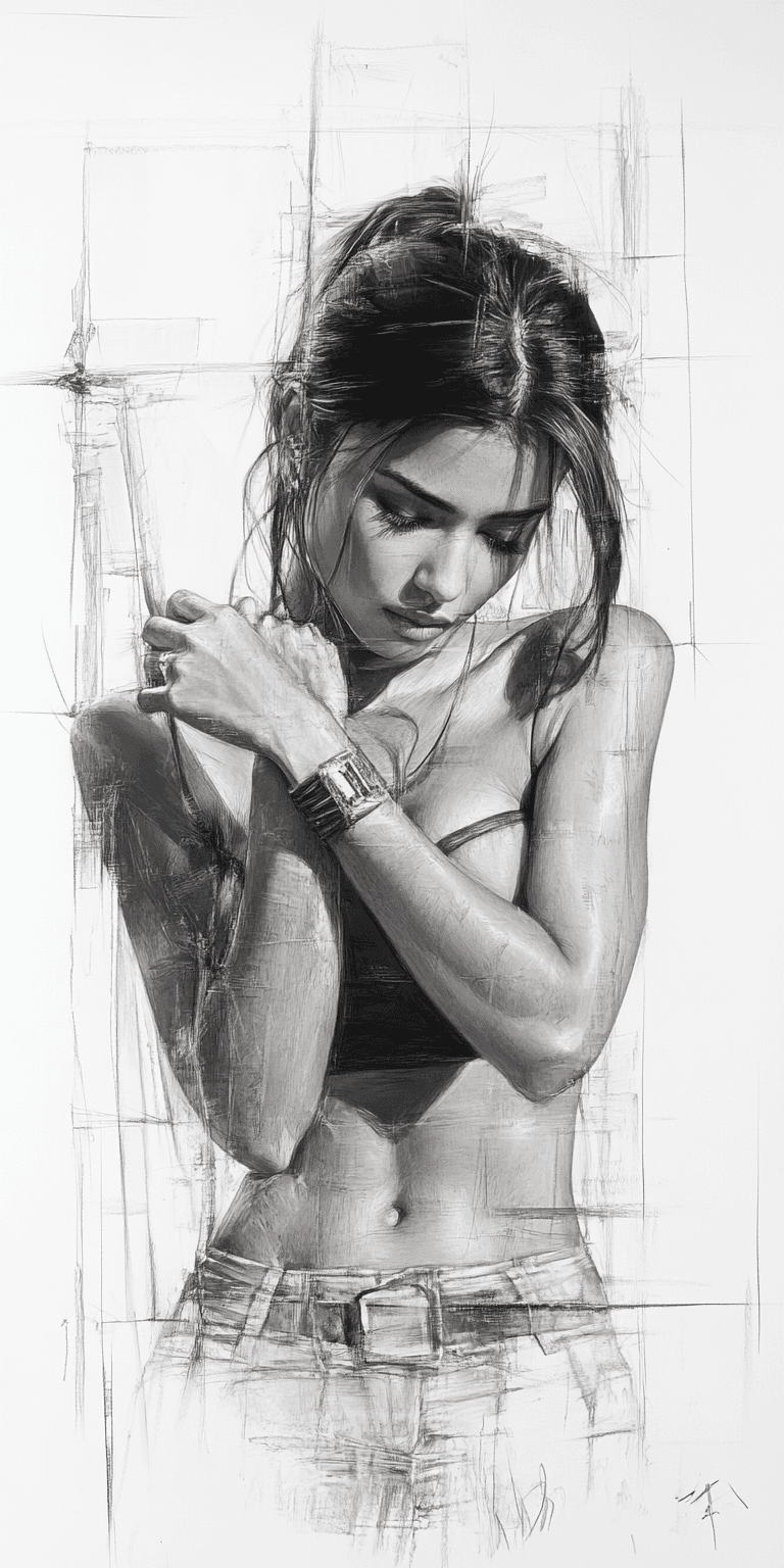 Midjourney prompt: Rough charcoal sketch on old paper, beautiful fema... - Midjourney