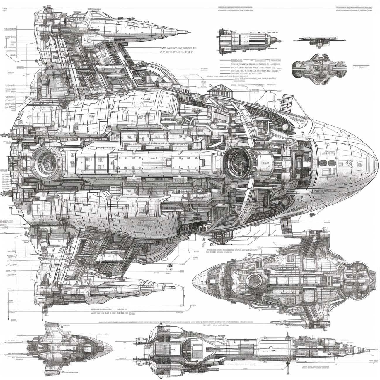 Midjourney prompt: interstellar spaceship building schematic, bluepri... - Midjourney