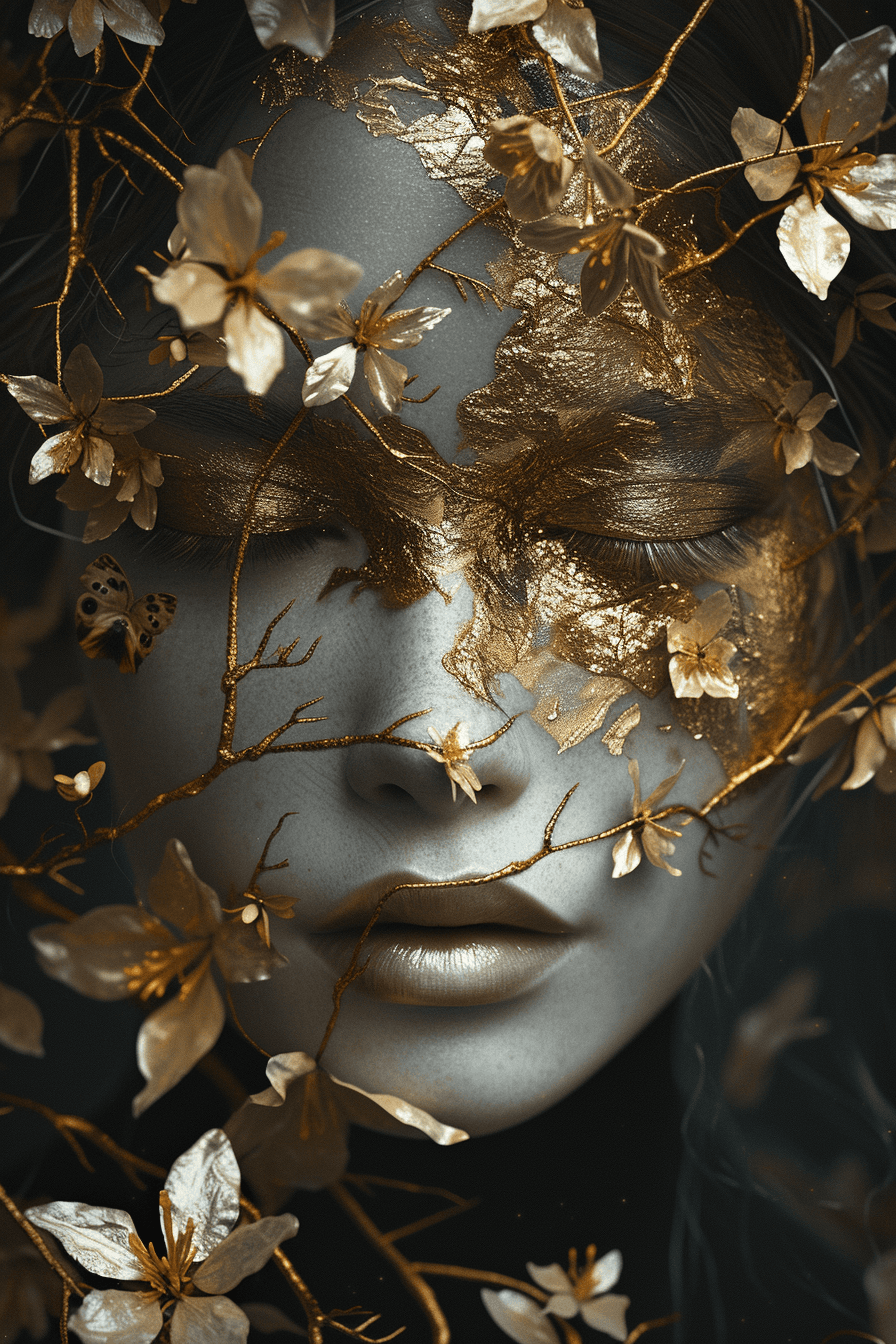 Midjourney prompt: the woman's face was painted with golden, in the s... - Midjourney