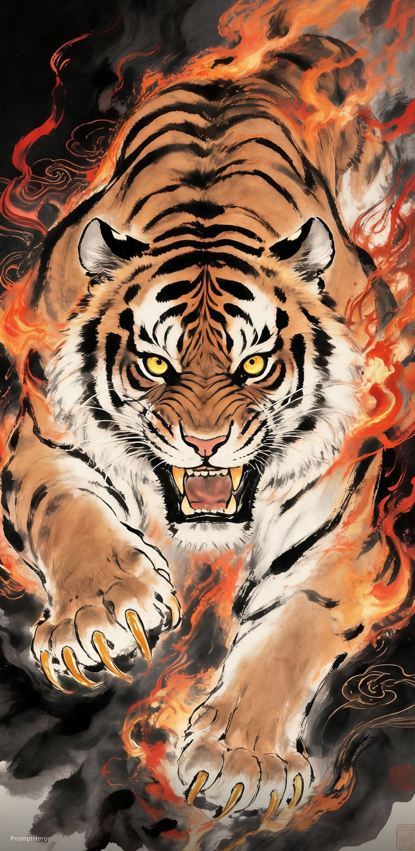 Hero prompt: Chinese ink wash art style, a ferocious tiger with... - Hero