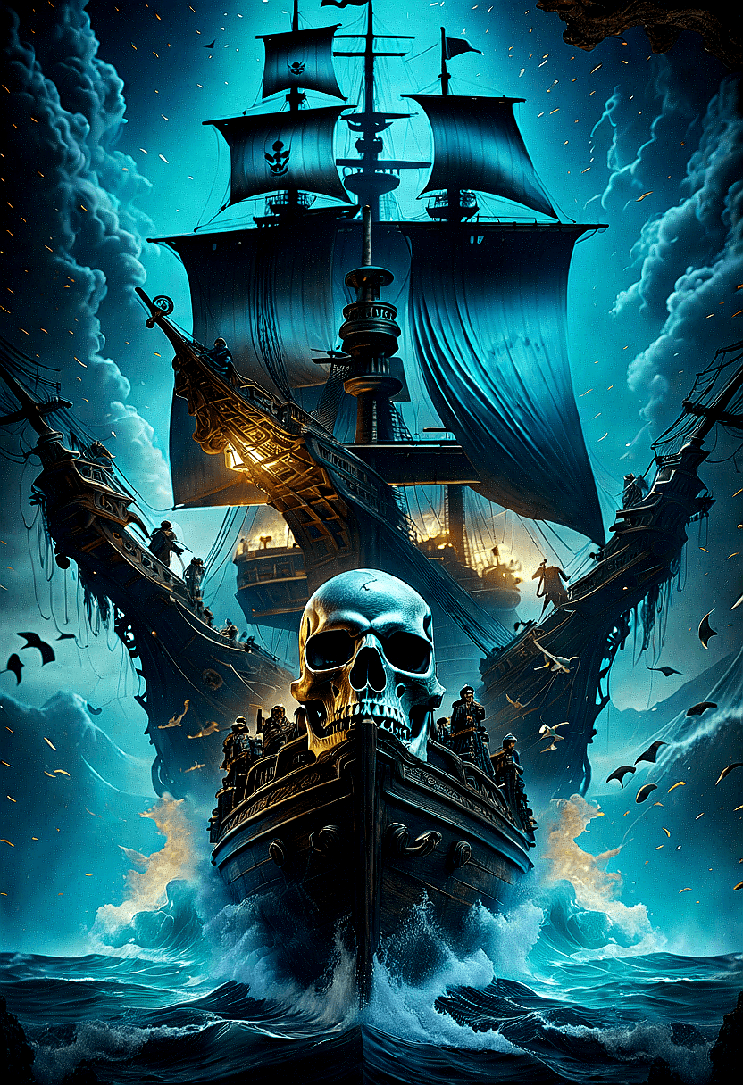 Stable Diffusion prompt: The image features a large pirate ship sailing on ... - Stable Diffusion