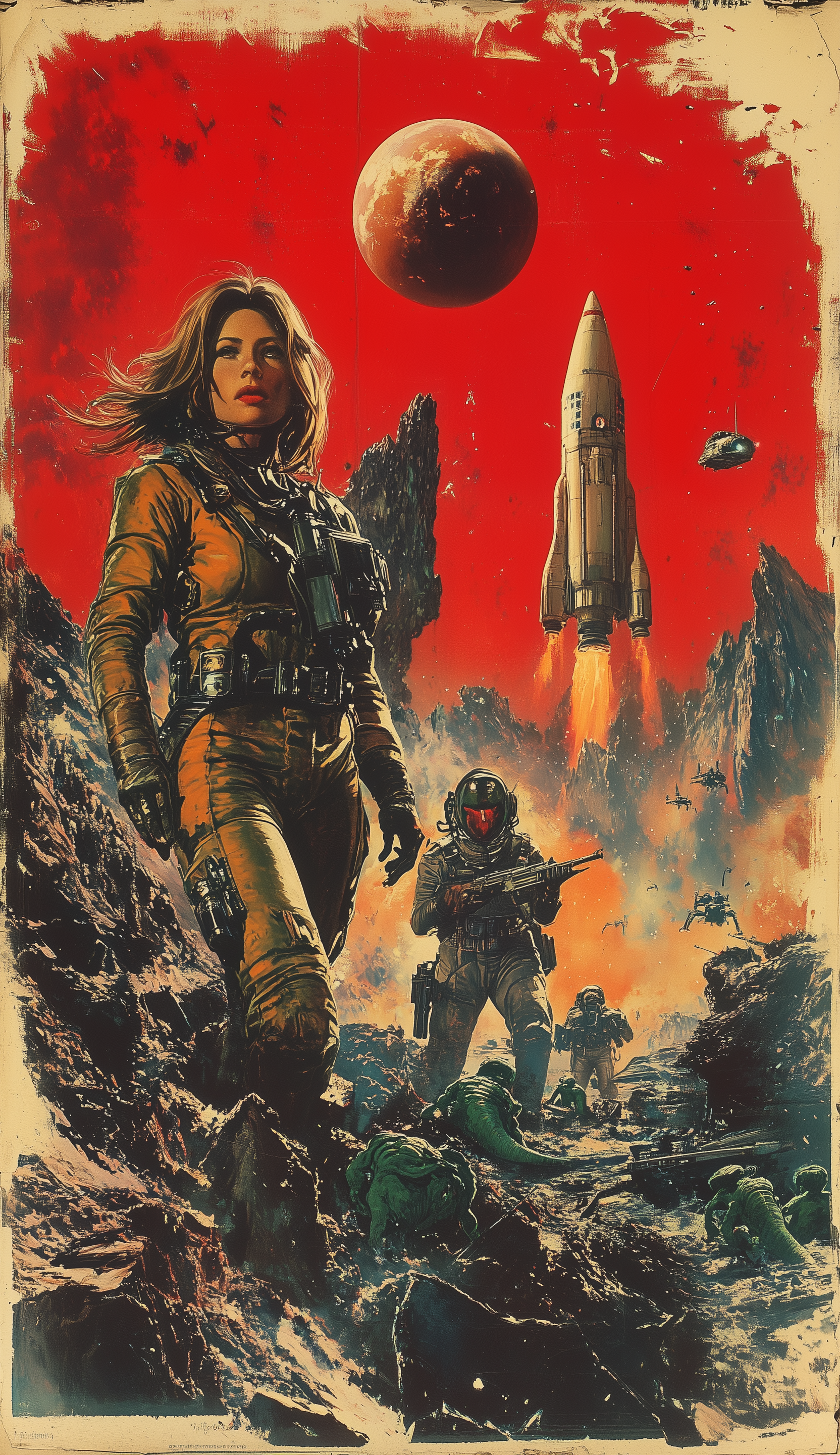 Midjourney prompt: A vintage pulp cover of an alien planet with two a... - Midjourney