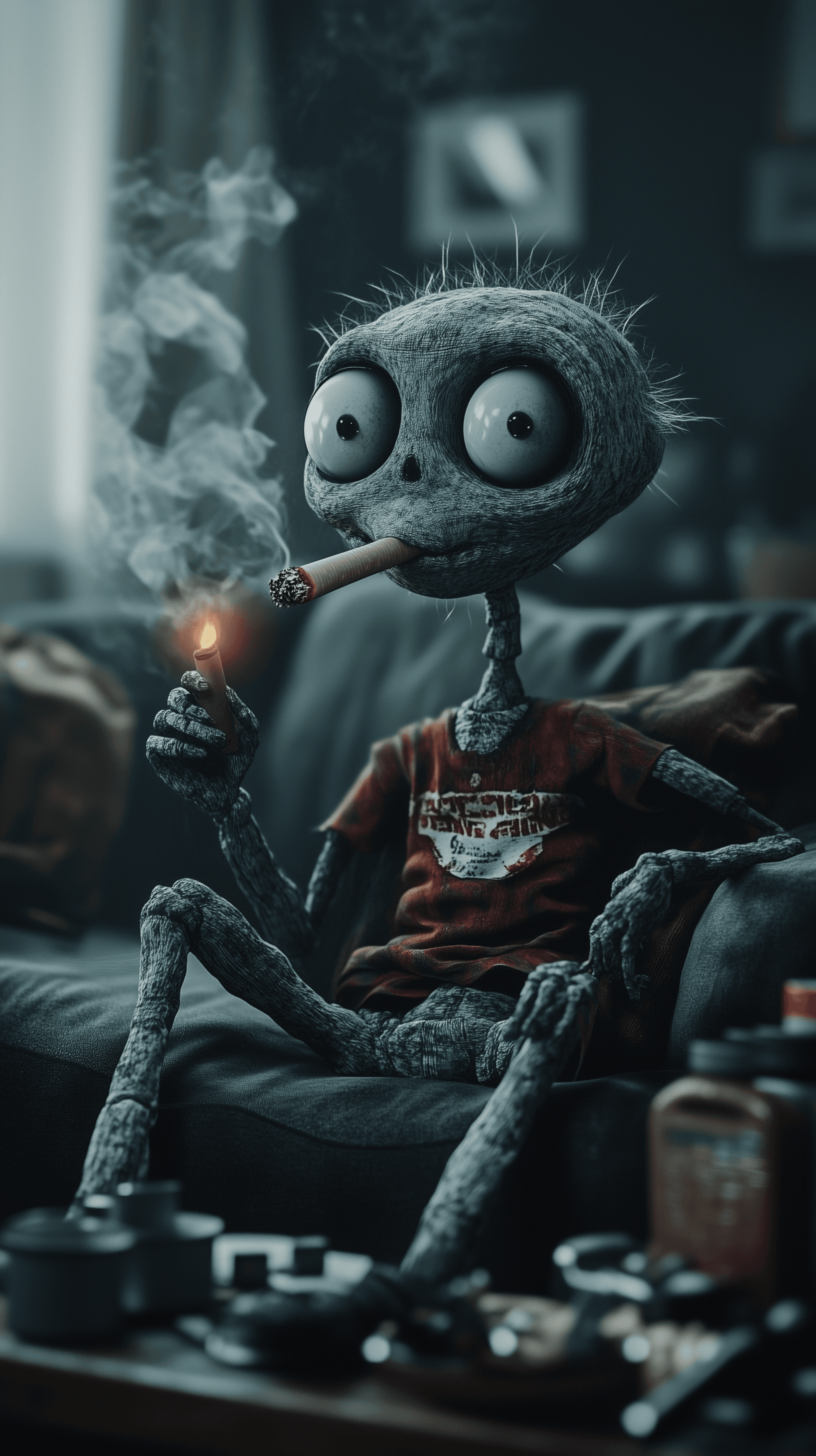 Midjourney prompt: Gray, skeletal cartoon character, sitting on a dar... - Midjourney