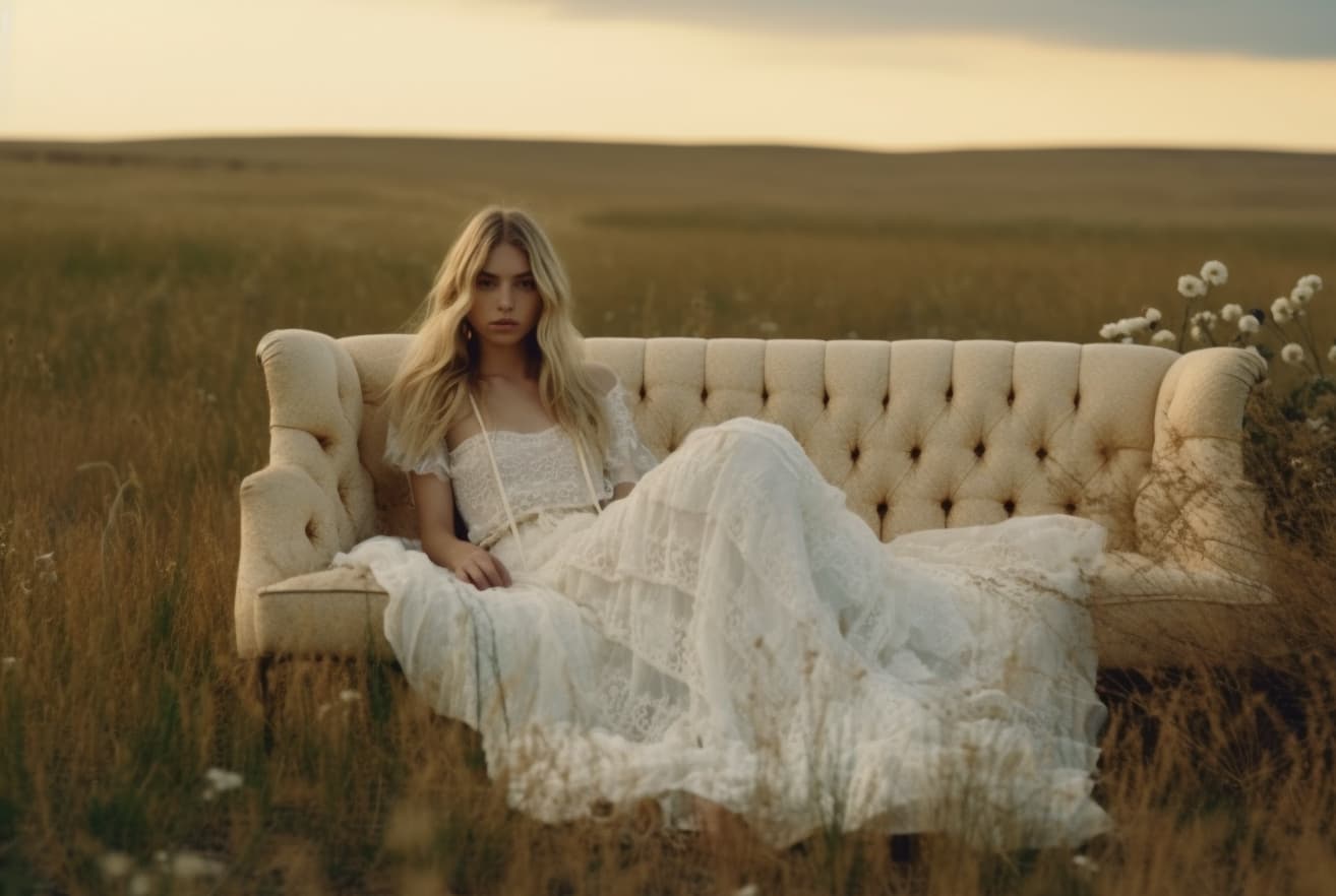 Midjourney prompt: a woman sitting on top of a couch in a field, skin... - Midjourney