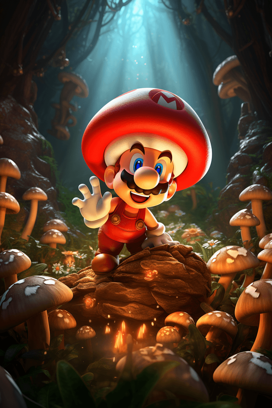 Midjourney prompt: Super Mario embarks on a daring mushroom-hunting a... - Midjourney
