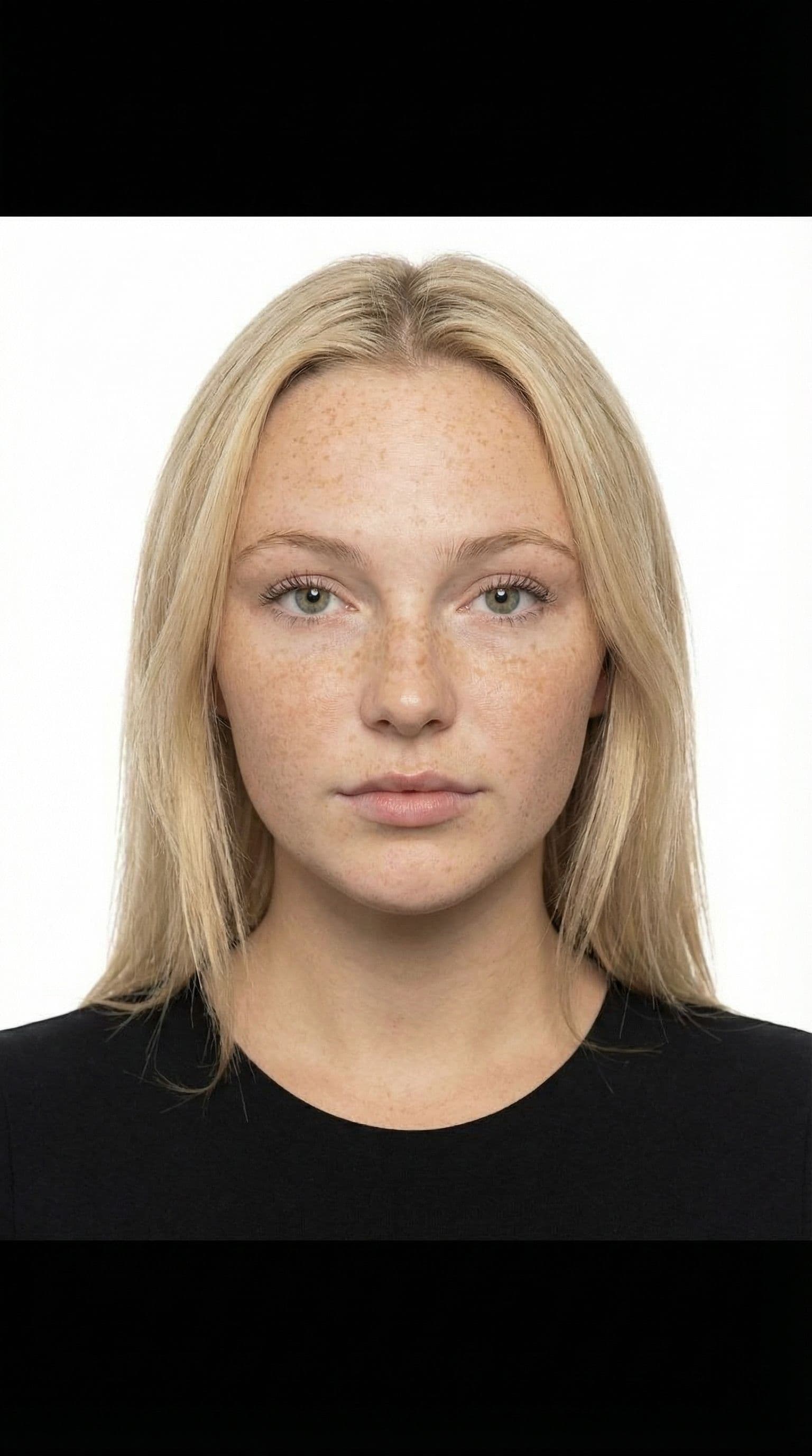 Nano Banana prompt: same girl, only face like pasport photo - Nano Banana