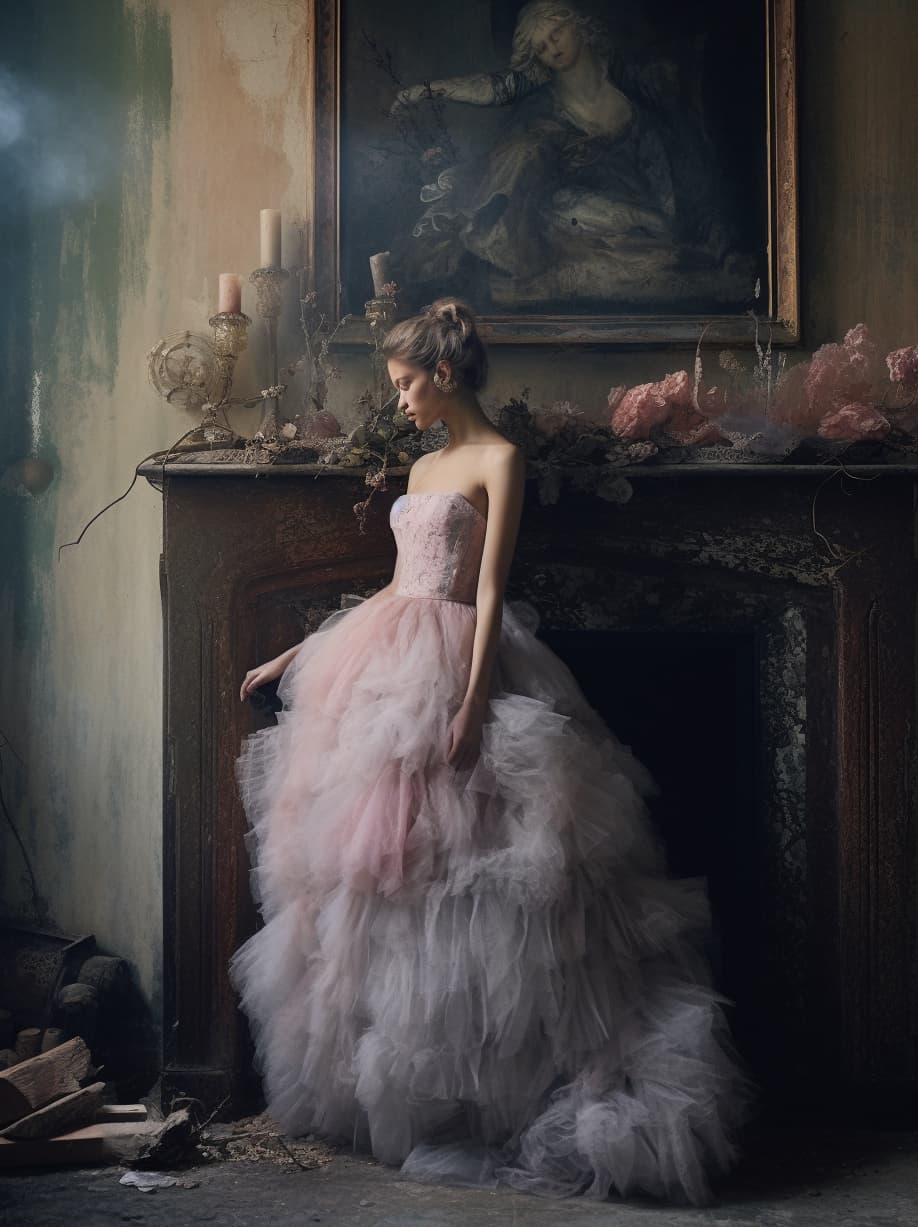 Midjourney prompt: a woman standing next to a fireplace in a room, st... - Midjourney