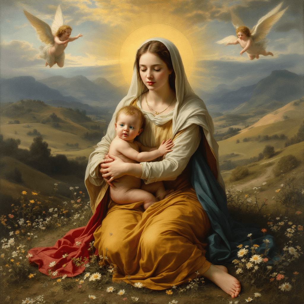 FLUX prompt: Mary is holding small Baby Jesus in her arms in th... - FLUX