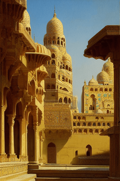 Stable Diffusion prompt: architecture, monastery, vibrant flowers. Indian P... - Stable Diffusion