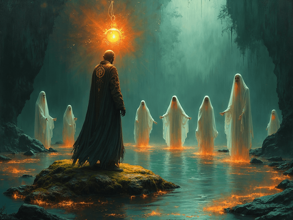FLUX prompt: An abstract, mystical painting of a man standing ... - FLUX