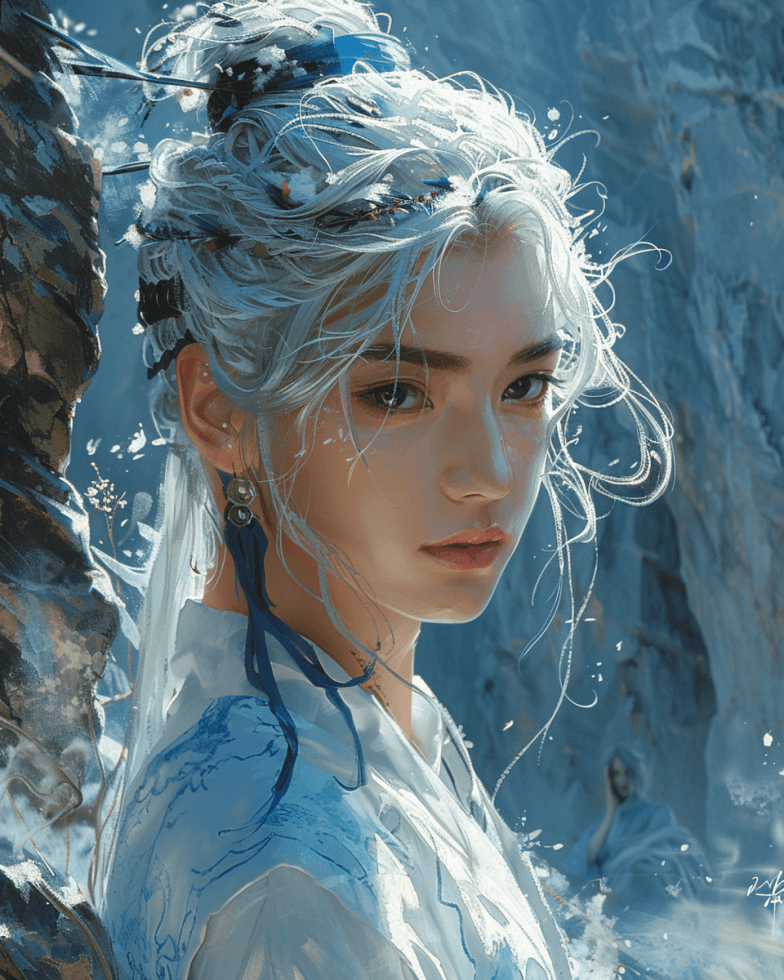 Midjourney prompt: a Chinese boy with white hair living in a cave, a ... - Midjourney