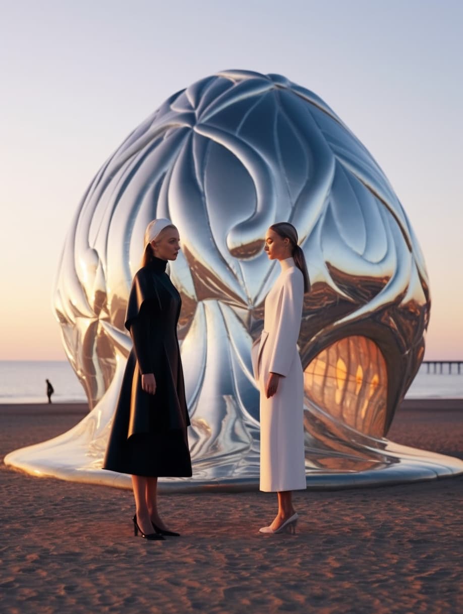 Midjourney prompt: a couple of women standing next to each other on a... - Midjourney
