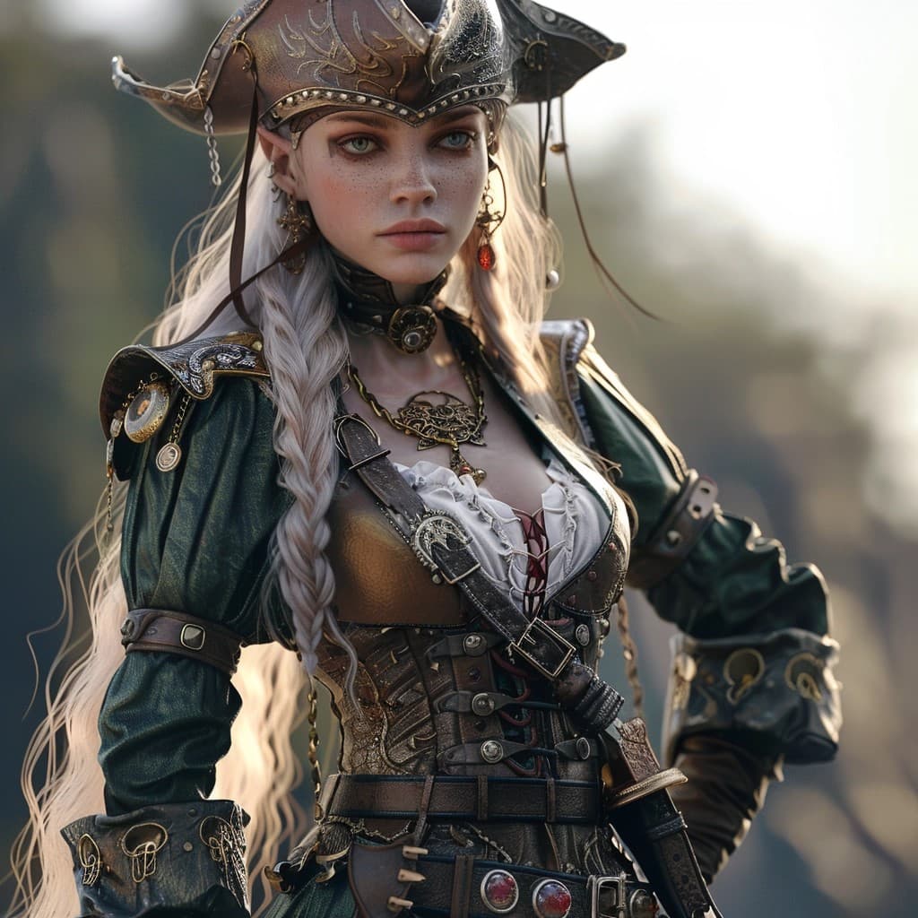 Midjourney prompt: Female elf pirate, dnd, full body, photo realistic - Midjourney